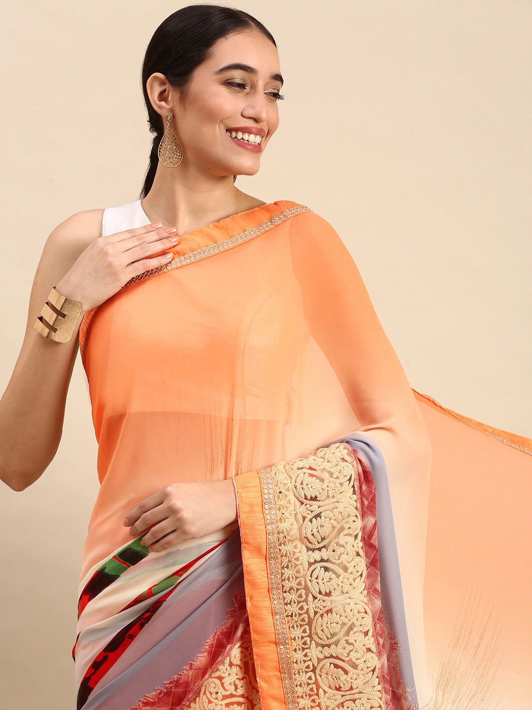

SANGAM PRINTS Floral Pure Georgette Saree, Orange