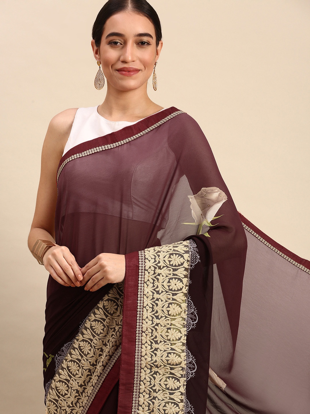 

SANGAM PRINTS Pure Georgette Saree, Maroon