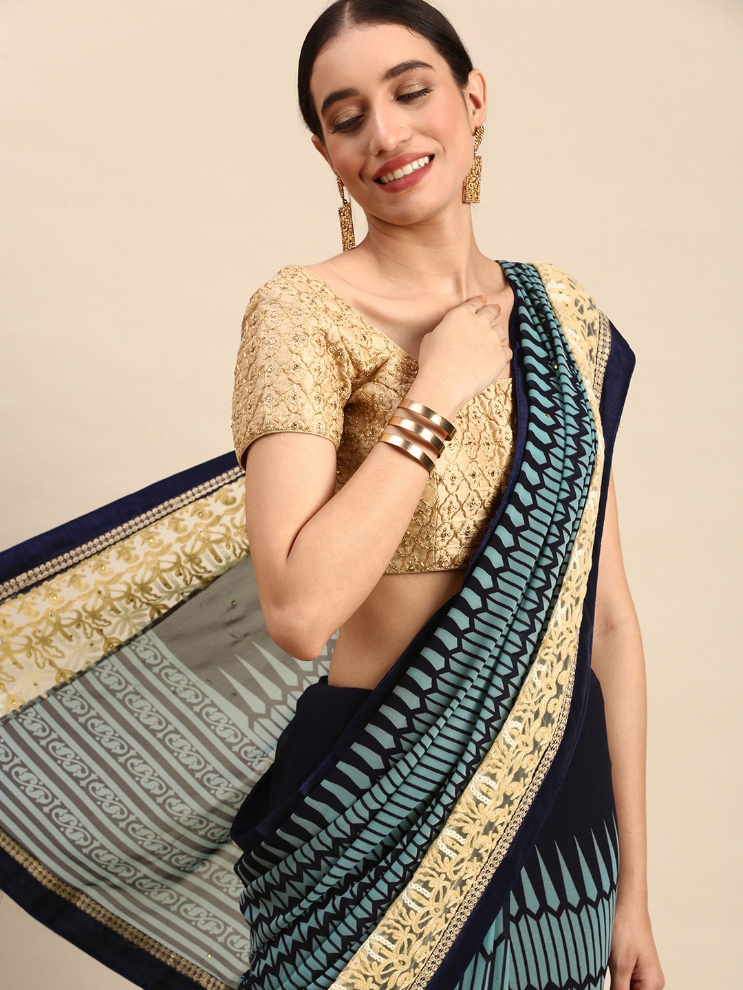 

SANGAM PRINTS Printed Pure Georgette Saree, Blue