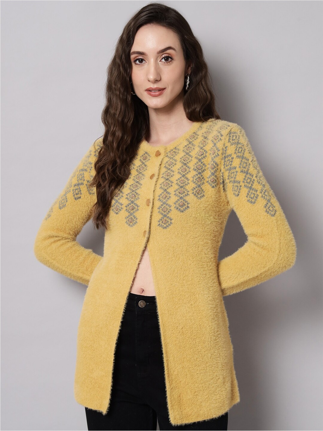

BROOWL Women Mustard & Grey Self Design Front Open Wool Cardigan Sweater
