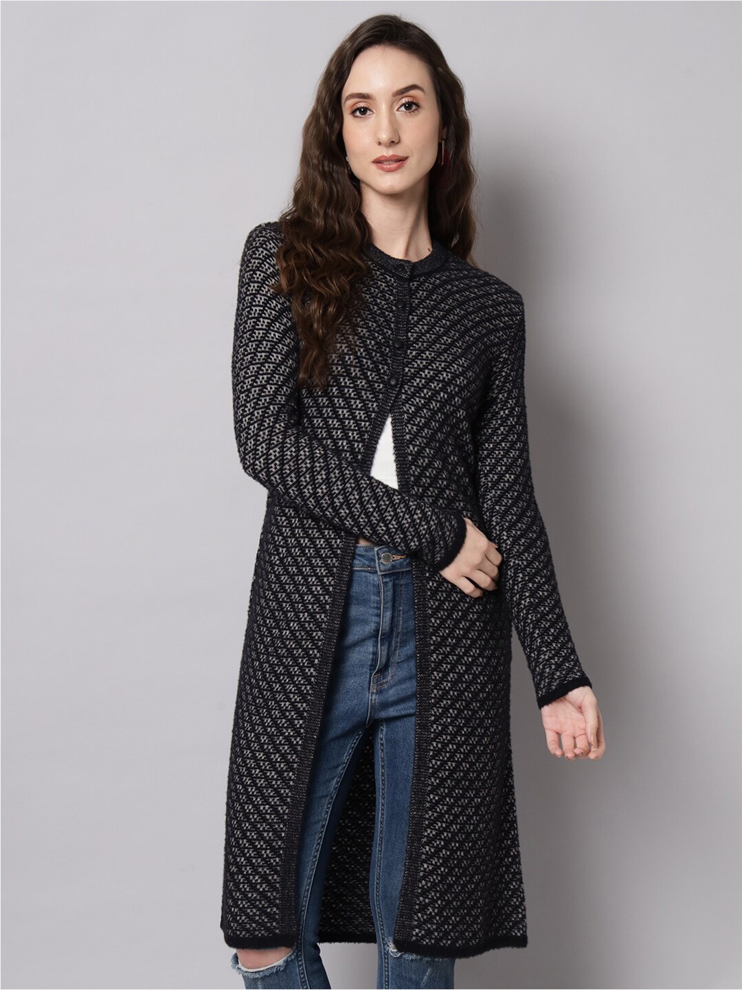 

BROOWL Women Black & White Longline Cardigan