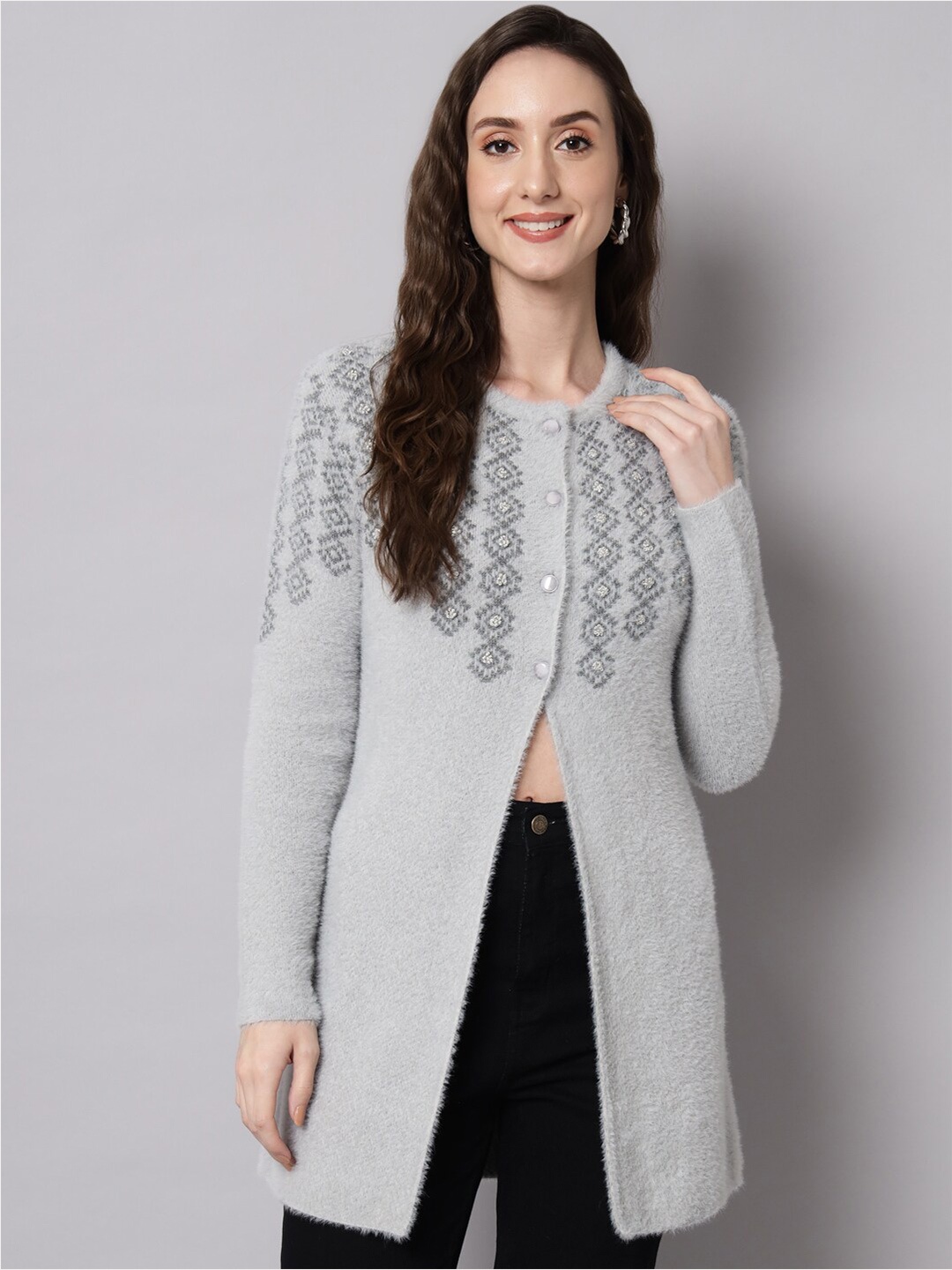 

BROOWL Women Grey Geometric Longline Cardigan Sweater