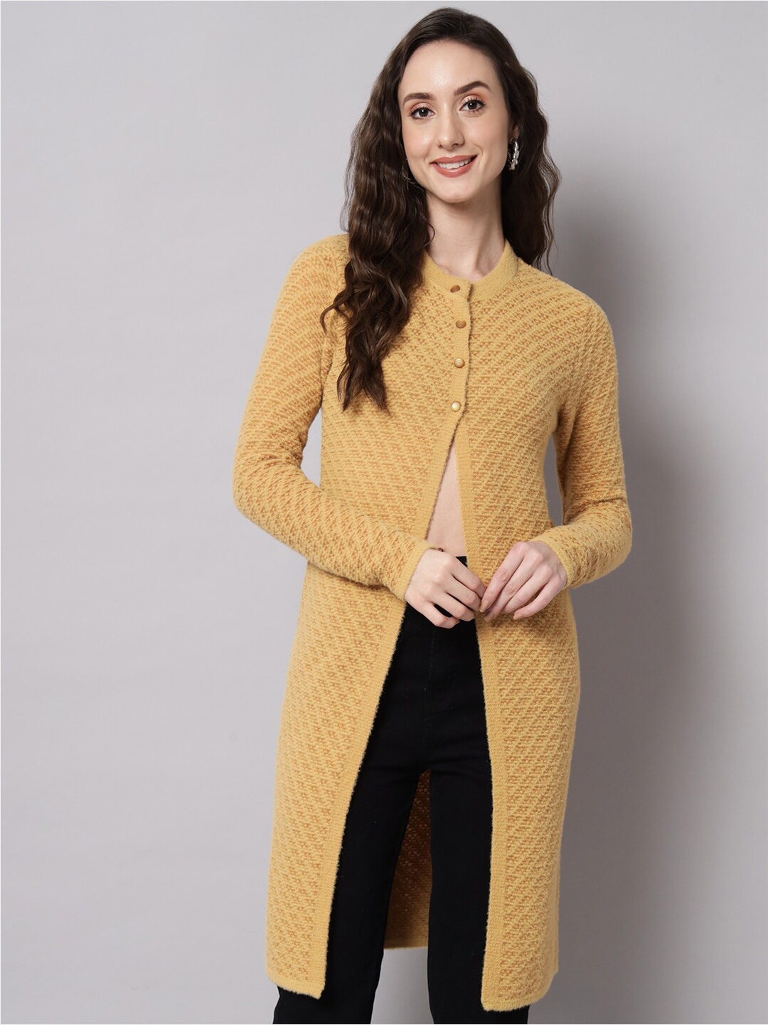 

BROOWL Women Yellow Longline Wool Cardigan Sweater