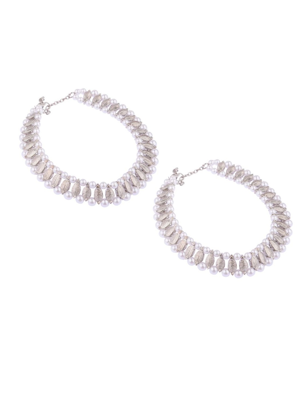 

Efulgenz Set of 2 Silver-Toned & White Pearls Beaded Rhodium-Plated Anklets