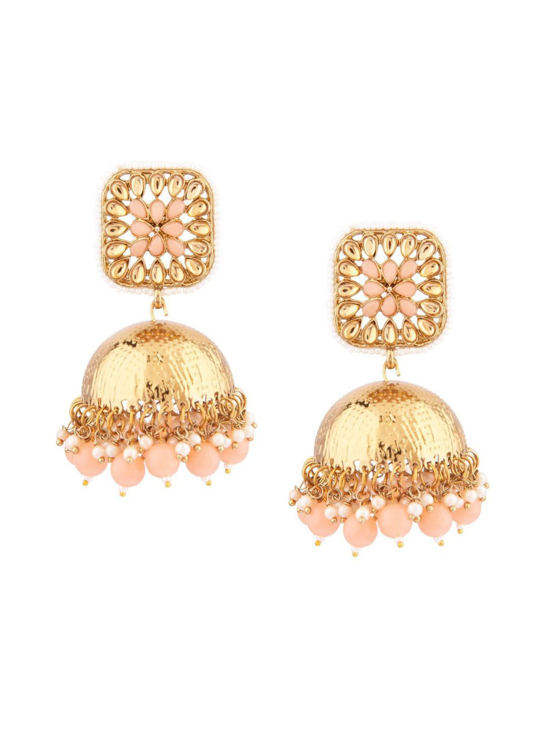

Efulgenz Peach-Coloured & Gold-Plated Dome Shaped Jhumkas Earrings