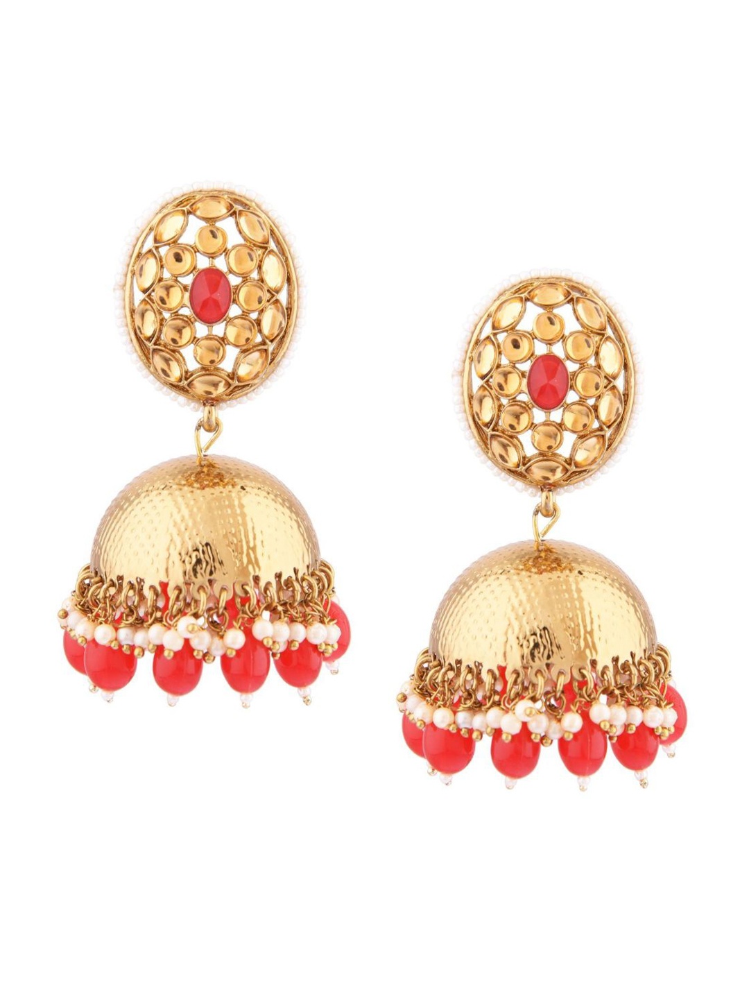 

Efulgenz Red & Gold-Plated Dome Shaped Jhumkas Earrings
