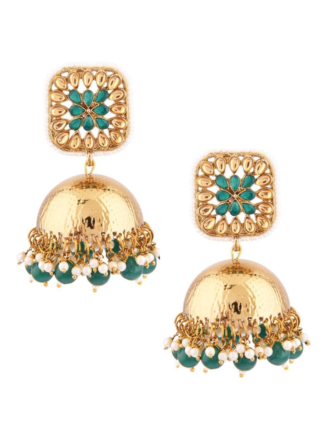 

Efulgenz Green & Gold-Plated Dome Shaped Jhumkas Earrings