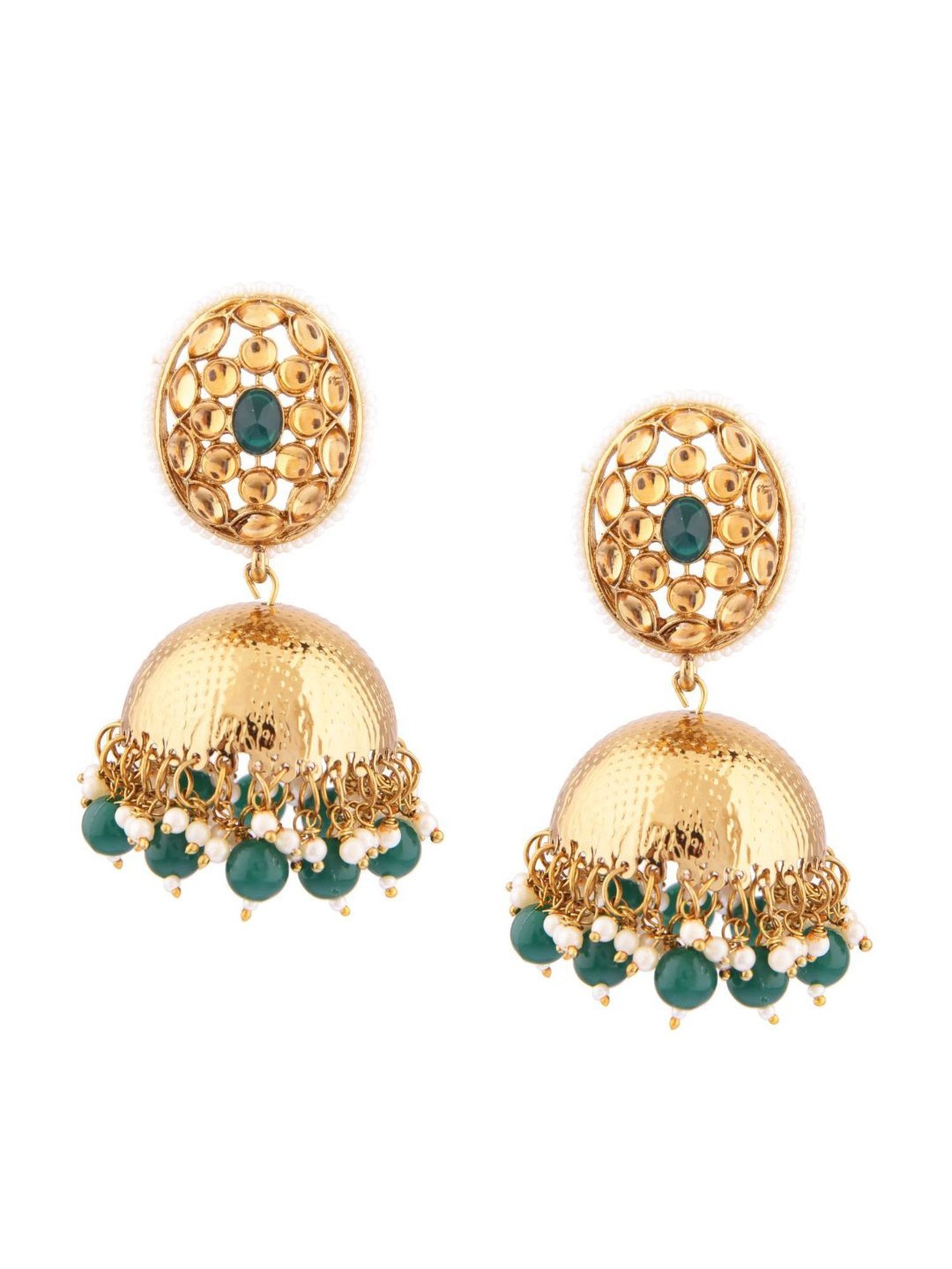 

Efulgenz Green & Gold-Plated Dome Shaped Jhumkas Earrings