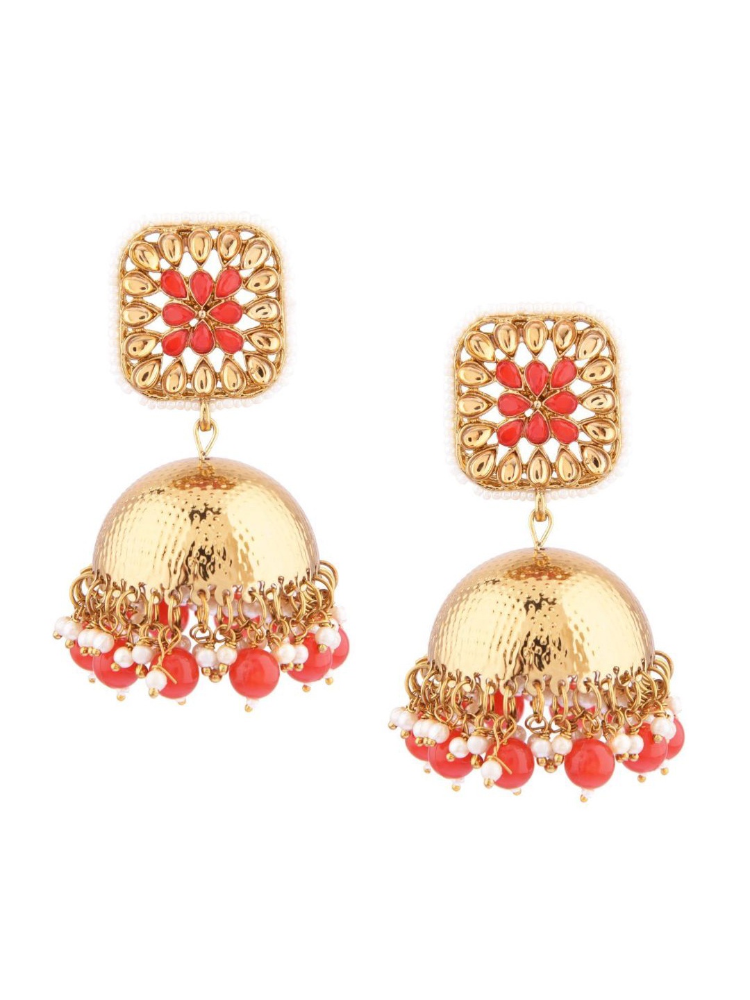 

Efulgenz Red & Gold-Plated Dome Shaped Jhumkas Earrings