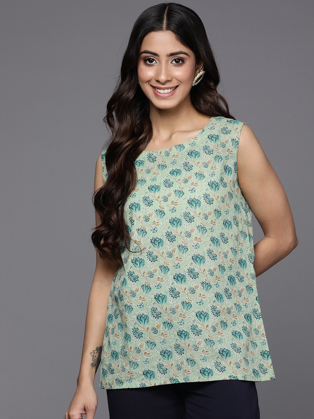 

Indo Era Ethnic Motifs Printed Regular Top, Sea green