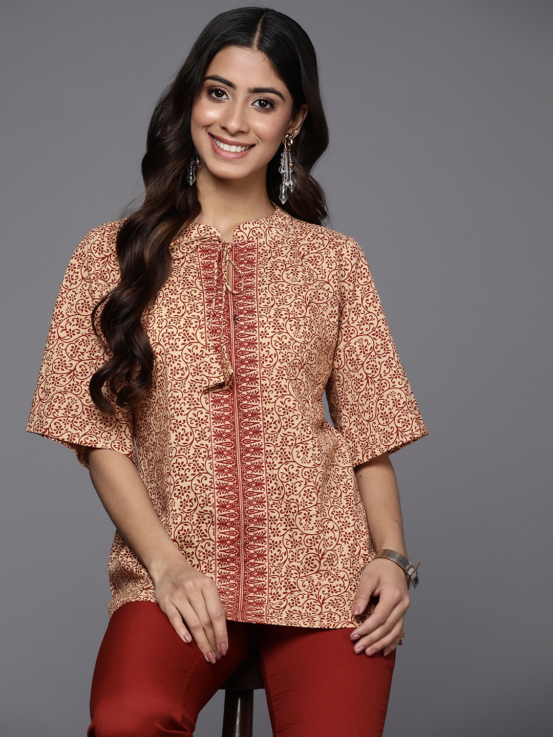 

Indo Era Ethnic Motifs Print Top, Beige