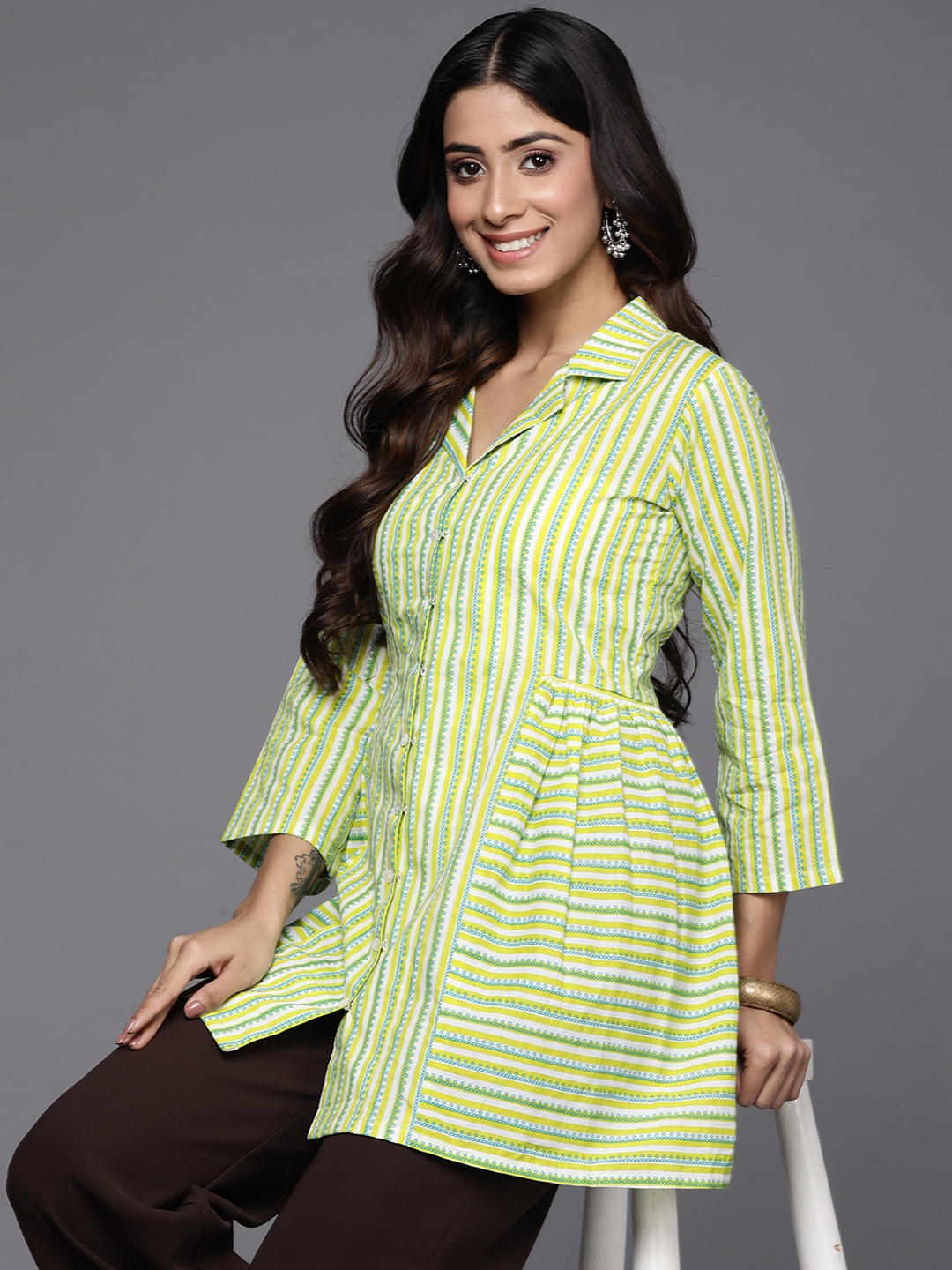 

Indo Era Striped Shirt Style Longline Top, White