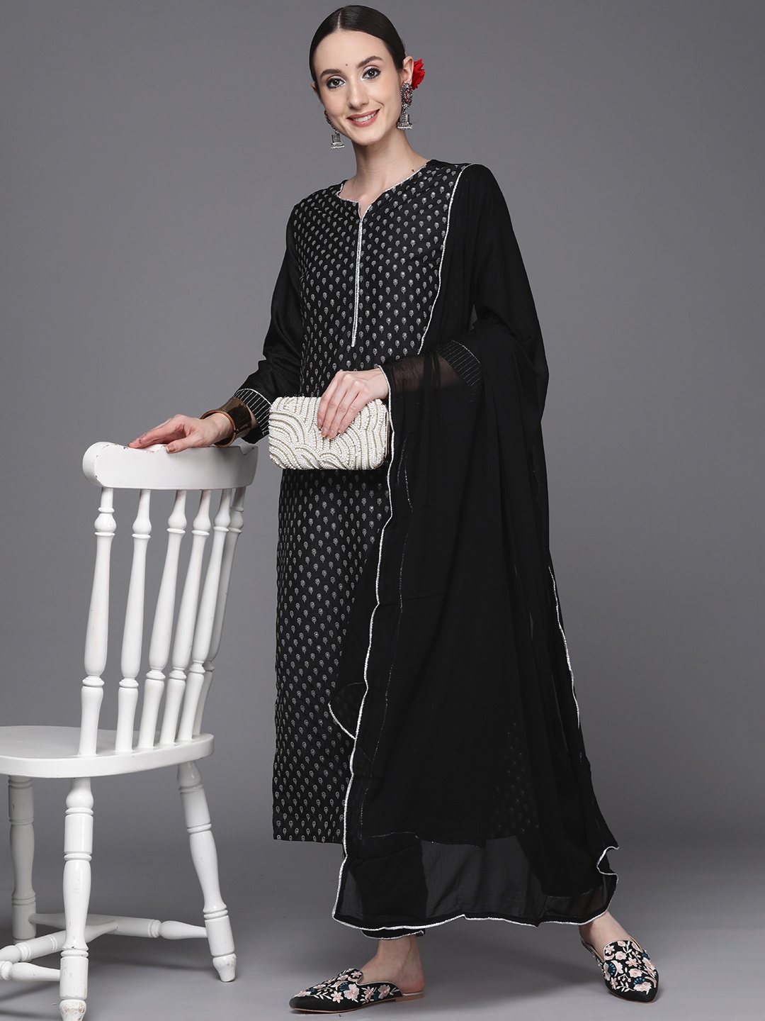 

Indo Era Women Black Floral Printed Kurta with Trousers & With Dupatta