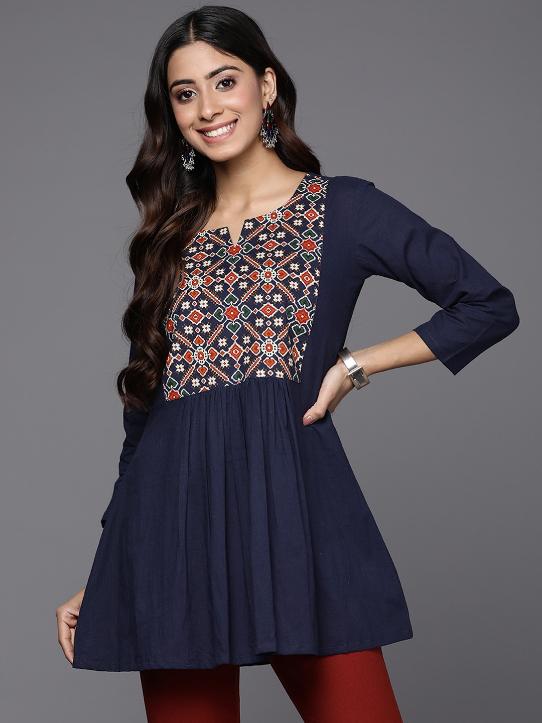 

Indo Era Ethnic Motifs Print Longline Ethnic Top, Navy blue