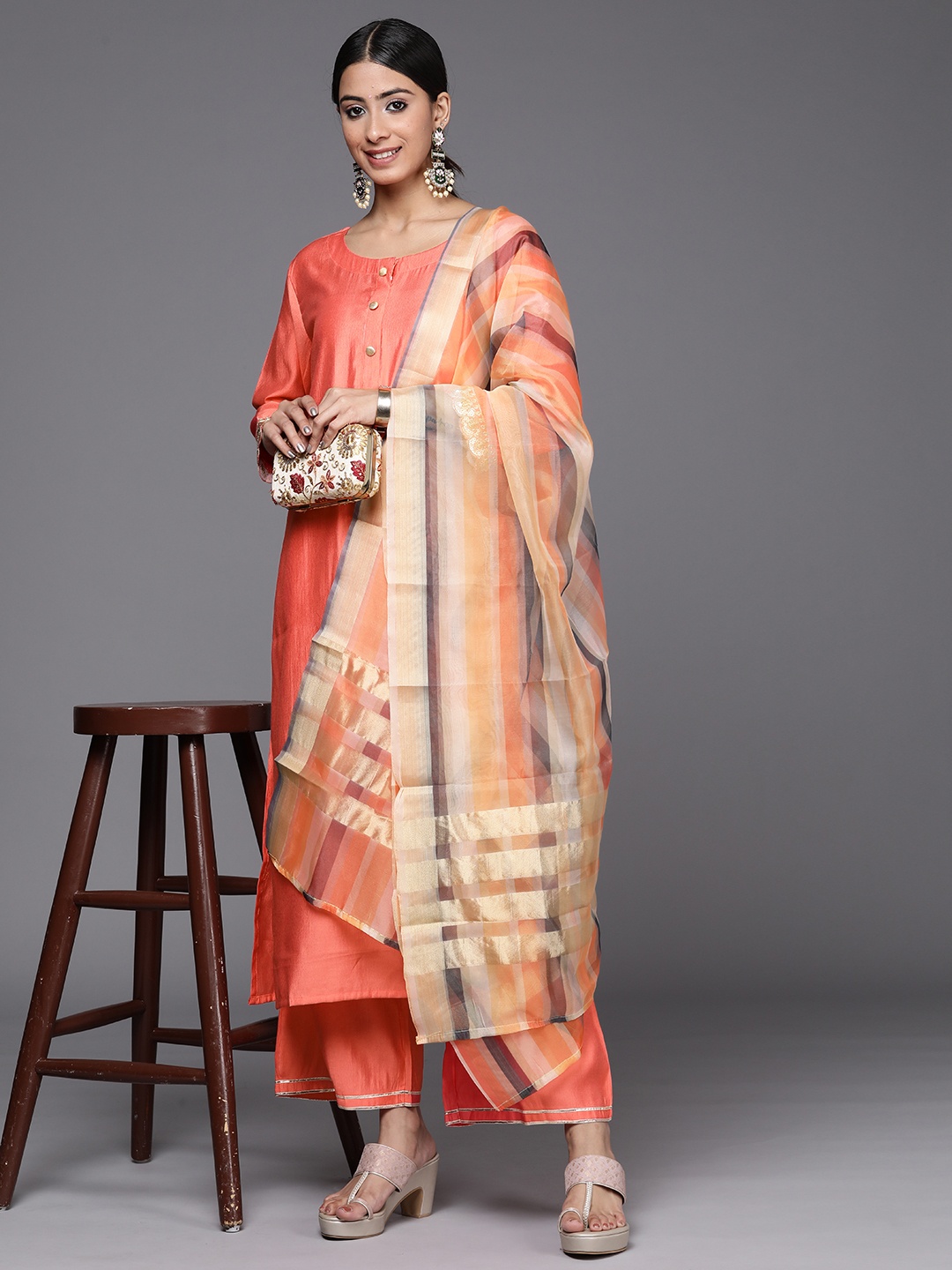 

Indo Era Floral Printed Sequinned Pure Cotton Kurta with Palazzos & With Dupatta, Orange