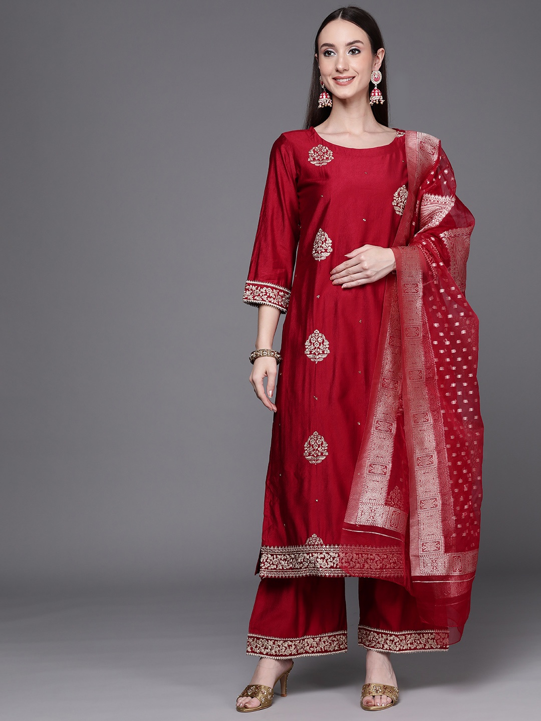 

Indo Era Women Red Ethnic Motifs Embroidered Sequinned Liva Kurta with Palazzos & With Dupatta