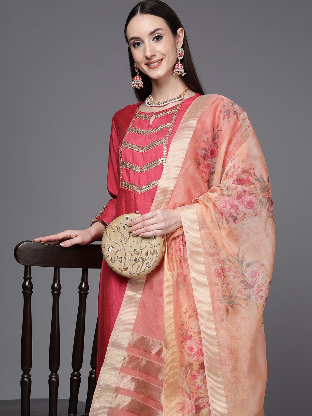 

Indo Era Women Pink Embroidered Liva Kurta with Trousers & With Dupatta