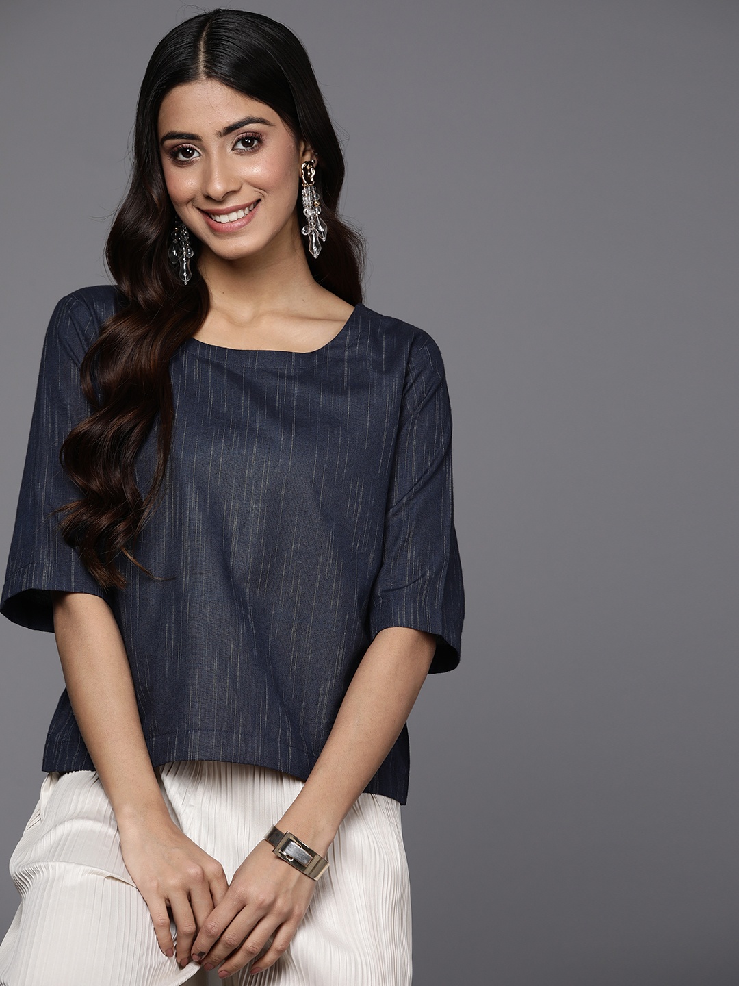 

Indo Era Self Striped Boxy Top, Navy blue