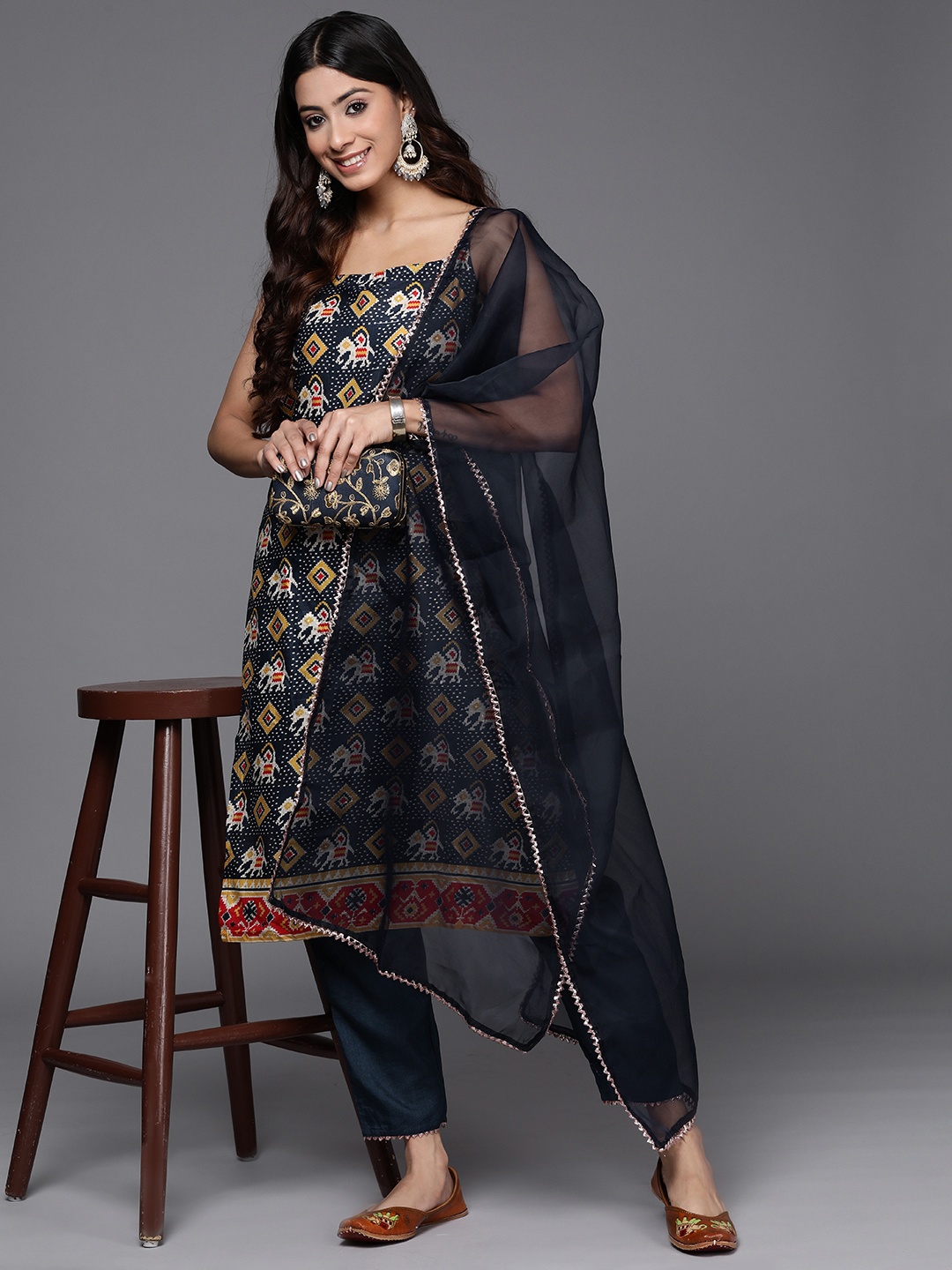 

Indo Era Women Blue Ethnic Motifs Printed Kurta with Trousers & With Dupatta