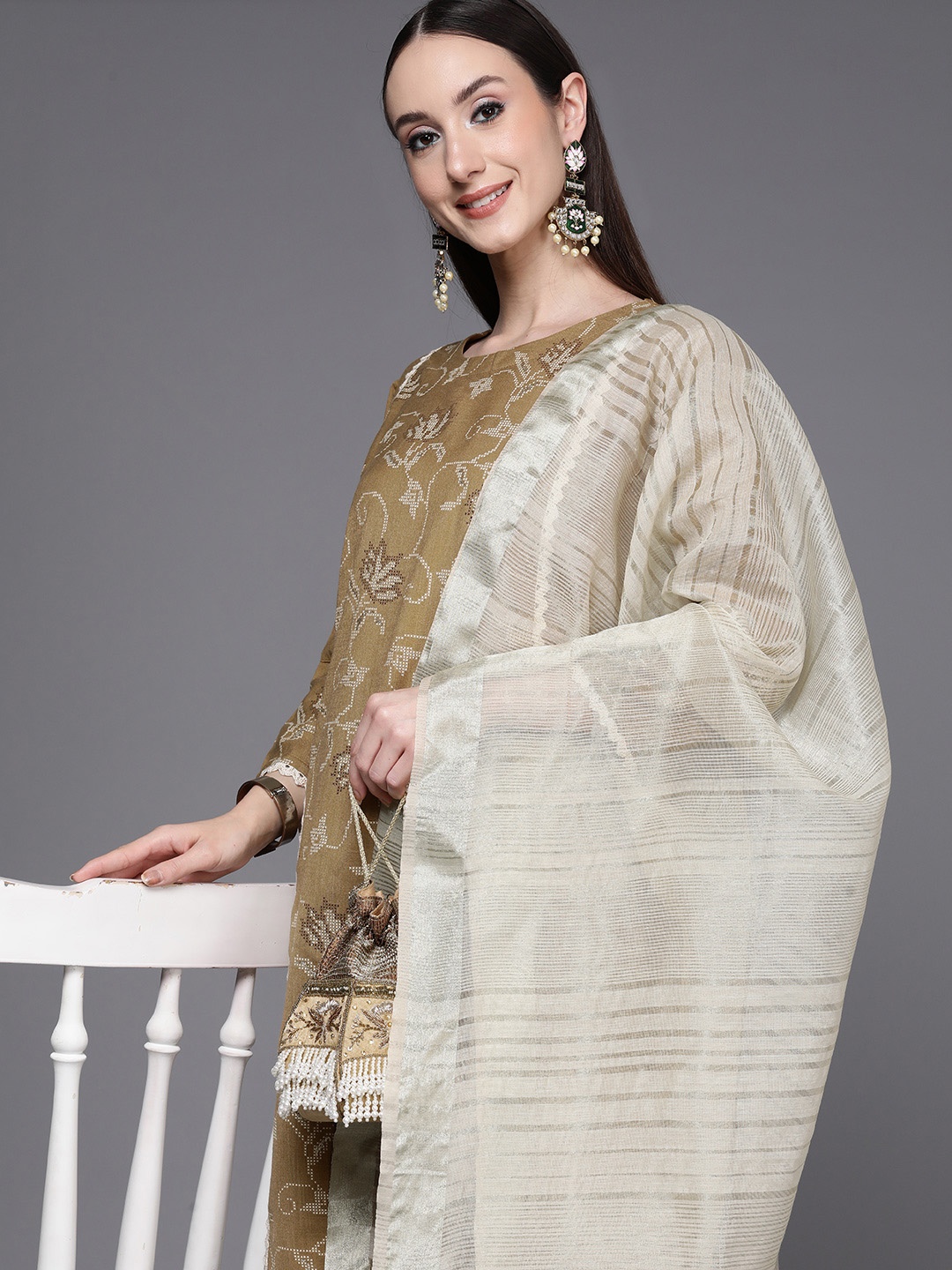 

Indo Era Women Olive Green Ethnic Motifs Printed Kurta with Trousers & With Dupatta
