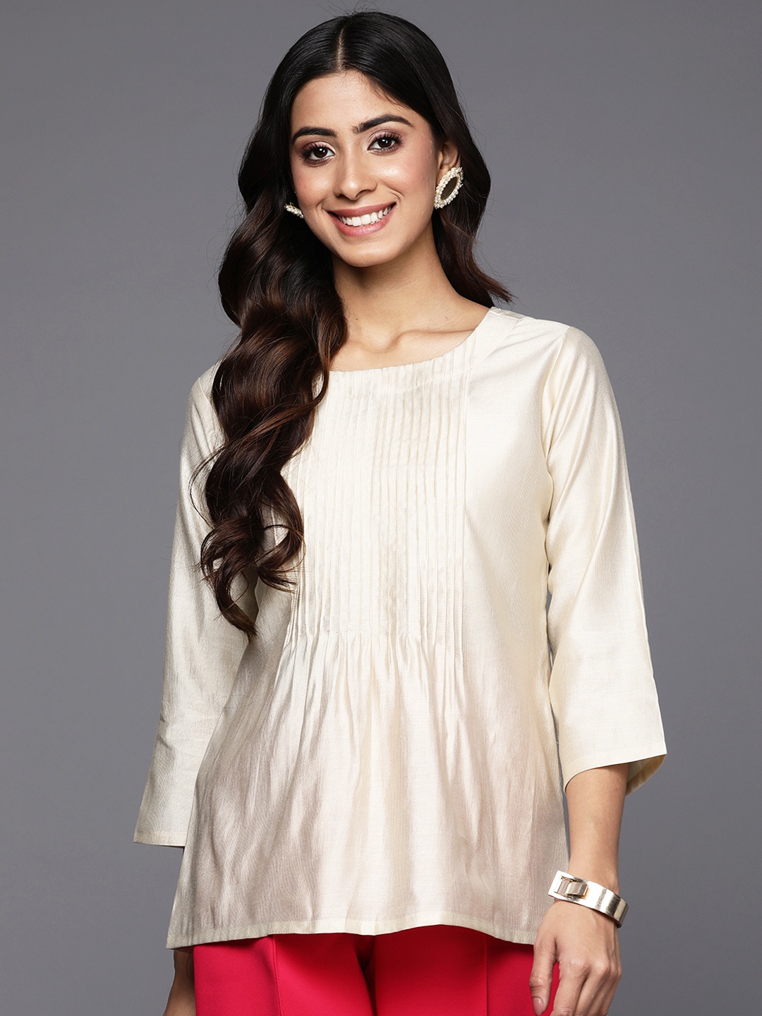 

Indo Era Gathered & Pleated Solid Regular Fit Top, Off white