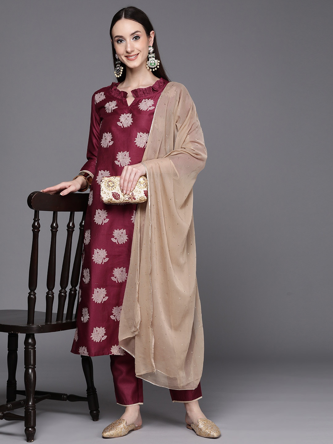 

Indo Era Women Burgundy Ethnic Motifs Printed Chanderi Silk Kurta with Trousers & With Dupatta