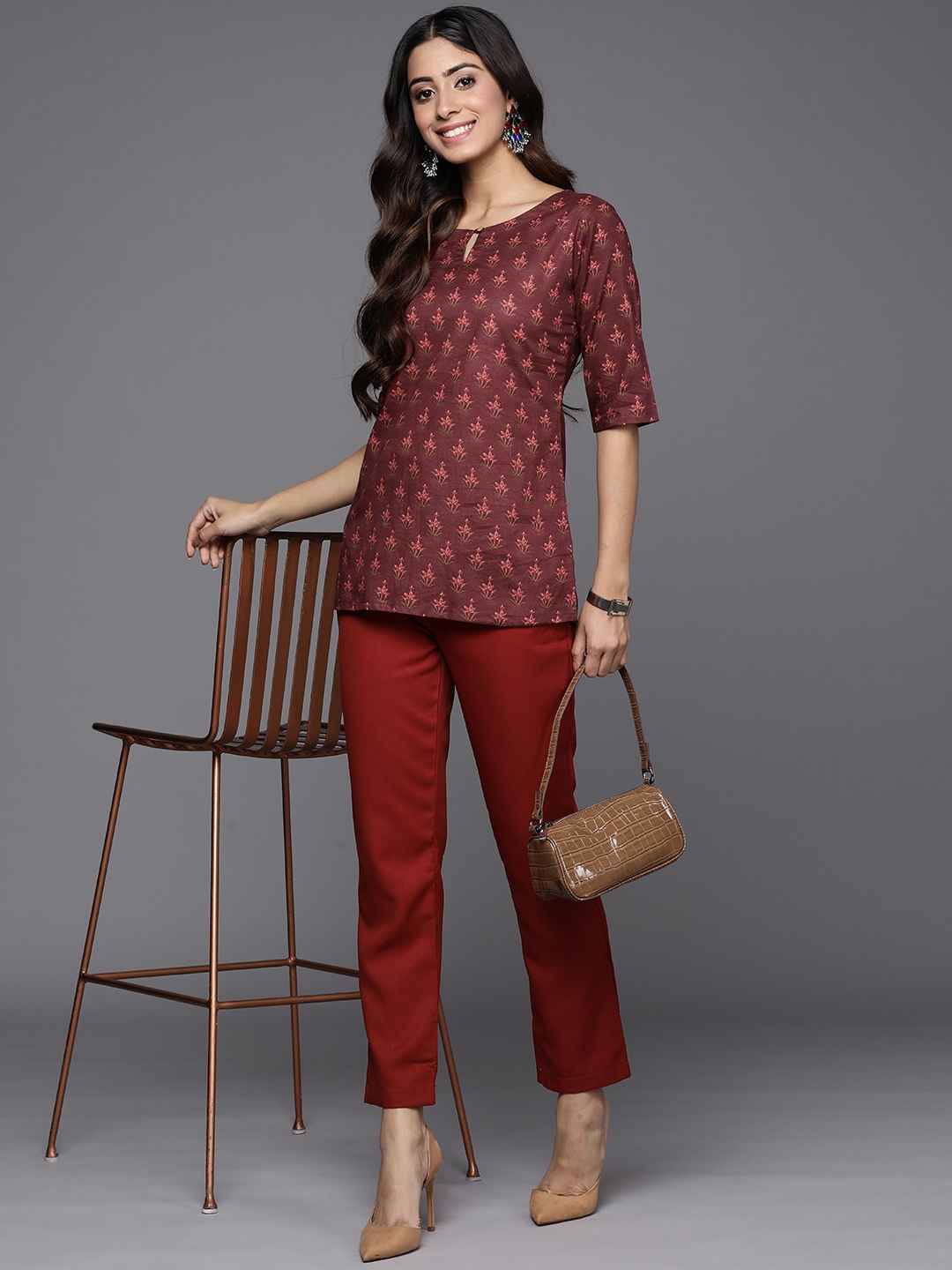 

Indo Era Pure Cotton Printed Keyhole Neck Top, Maroon