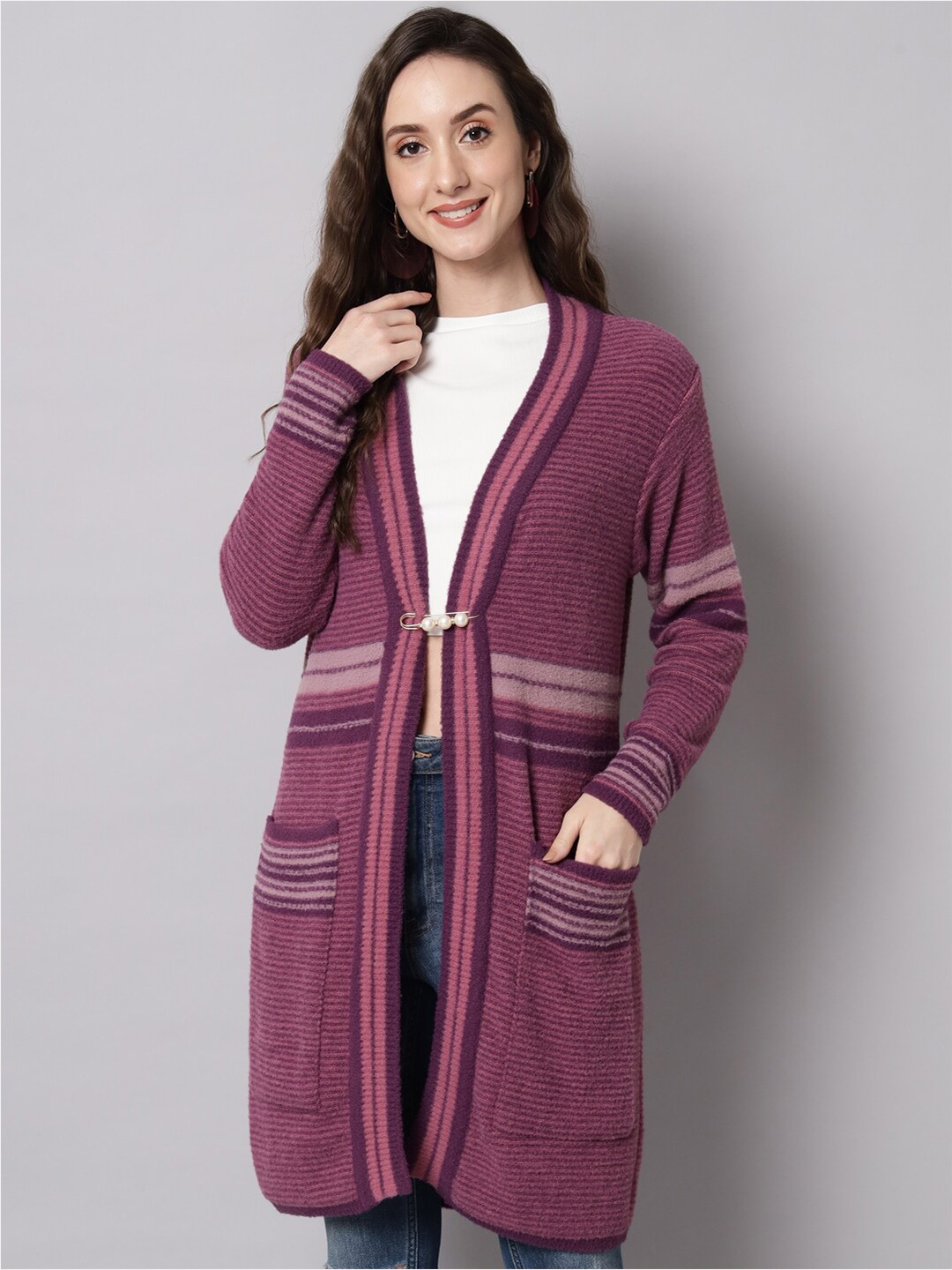 

BROOWL Women Purple & Pink Embellished Longline Shrug