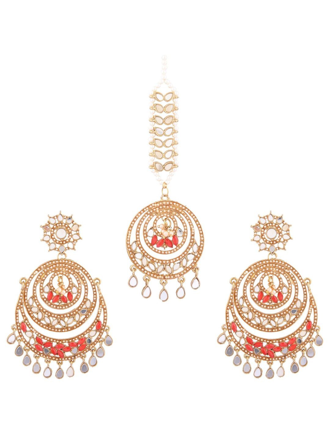 

Efulgenz Gold-Plated Red & White Crystal Studded & Beaded Jewellery Set