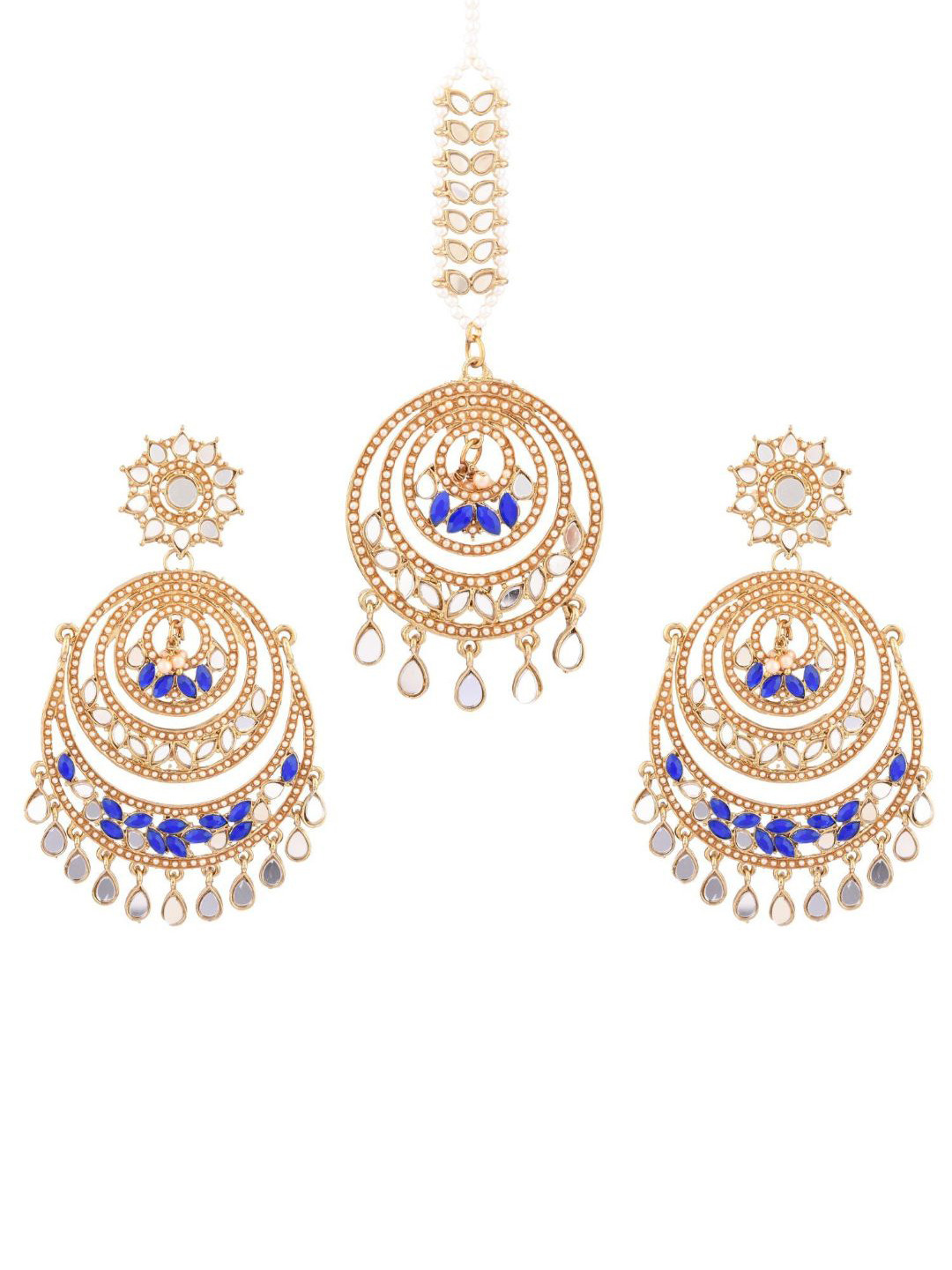 

Efulgenz Blue Gold-Plated Circular Drop Earrings and Maang tikka set