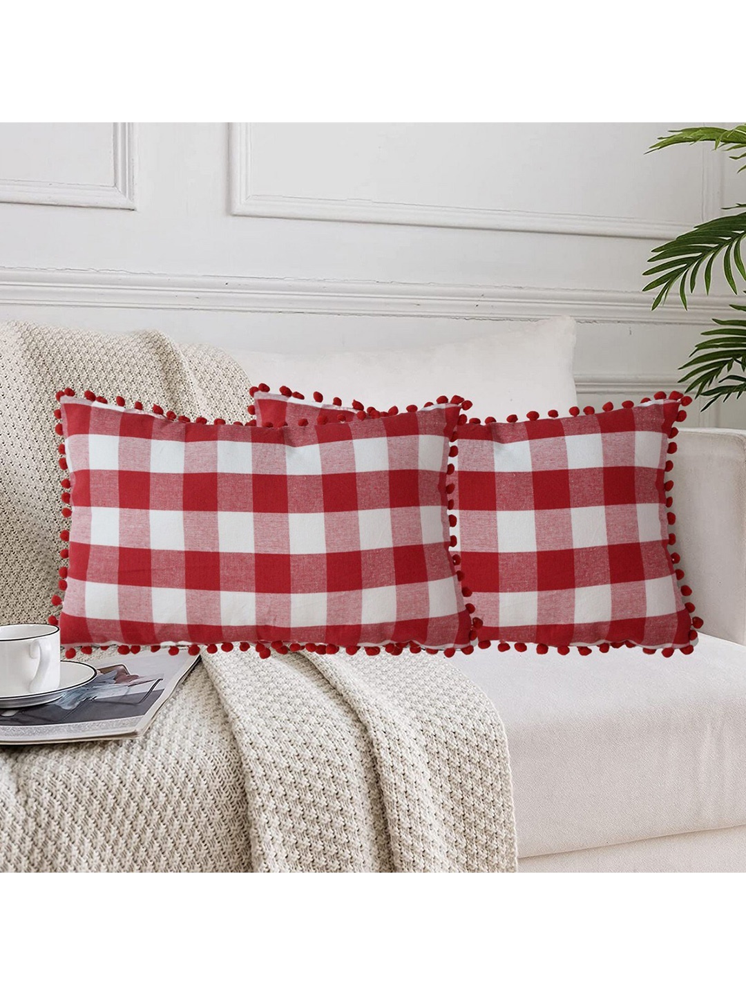 

Lushomes Red & White 2 Pieces Checked Rectangle Cushion Covers