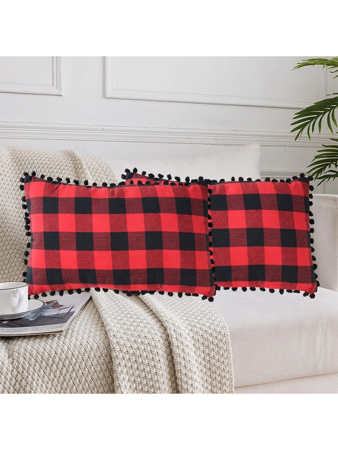 

Lushomes Red & Black 2 Pieces Checked Rectangle Cushion Covers