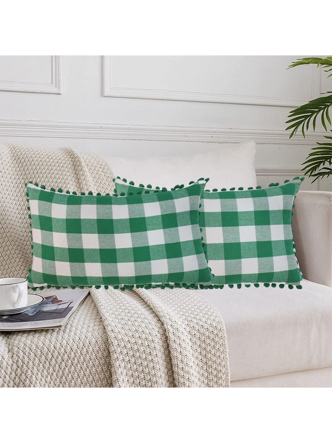 

Lushomes Green & White 2 Pieces Checked Rectangle Cushion Covers