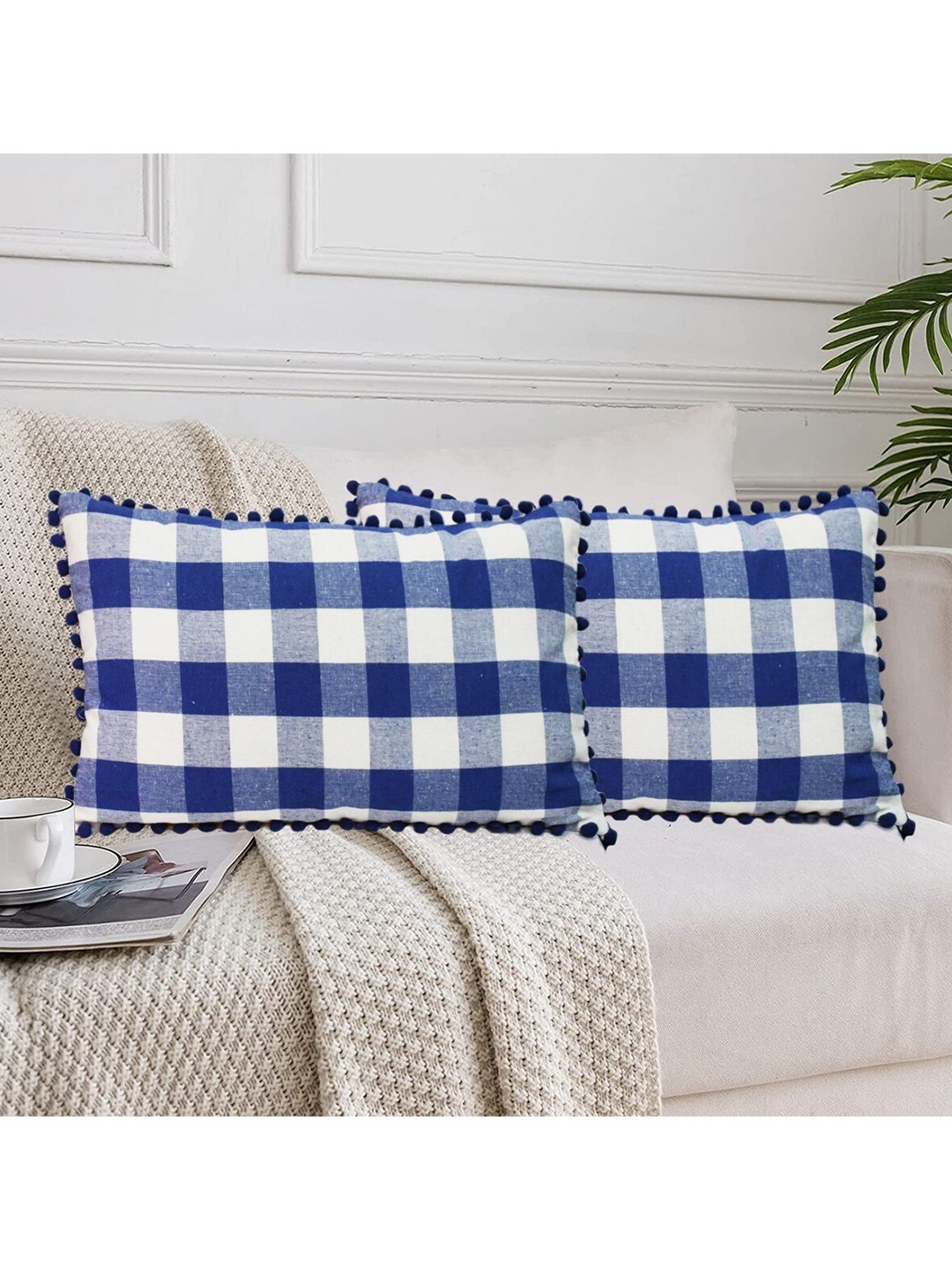 

Lushomes Blue & White 2 Pieces Checked Rectangle Cushion Covers