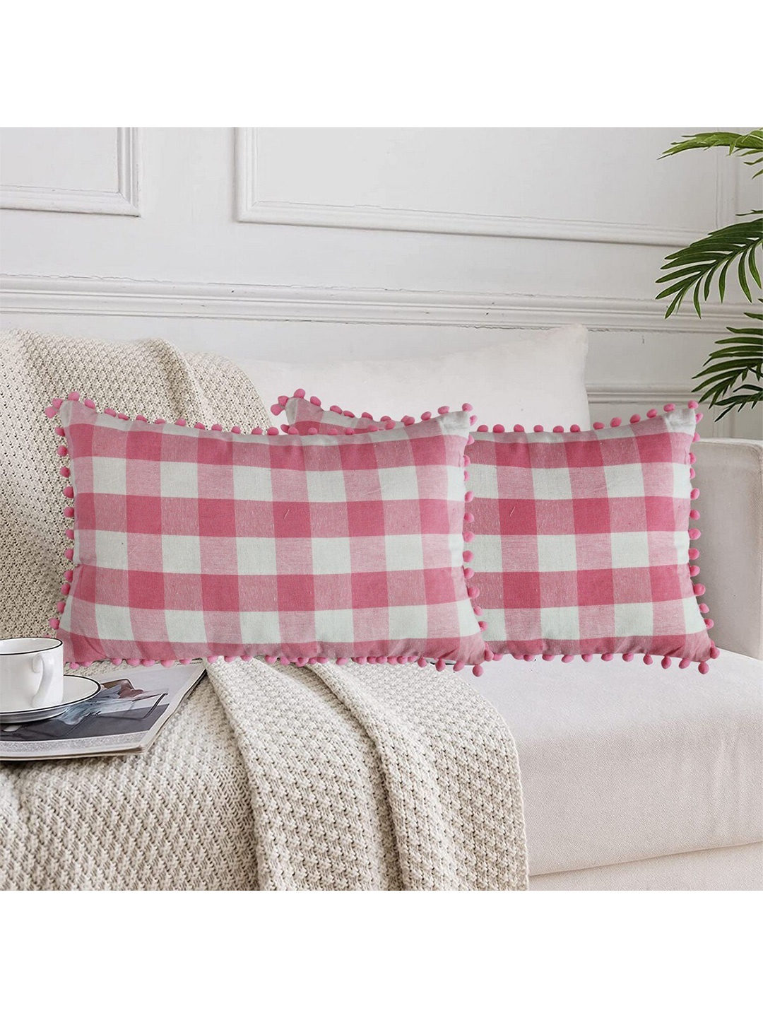 

Lushomes Pink & White 2 Pieces Checked Rectangle Cushion Covers