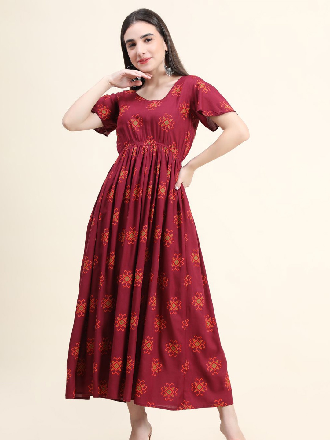 

DAEVISH Maroon & Orange Ethnic Motifs Maxi Maxi Dress