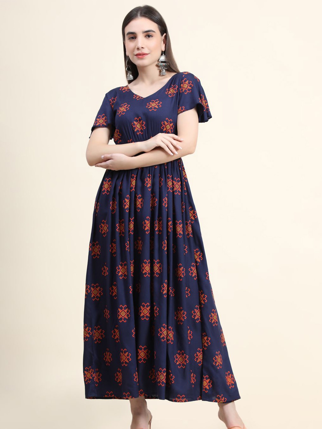 

DAEVISH Navy Blue & Orange Ethnic Motifs Maxi Maxi Dress