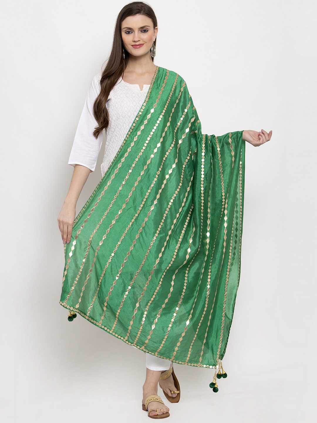 

Clora Creation Green & Gold-Toned Striped Dupatta with Gotta Patti