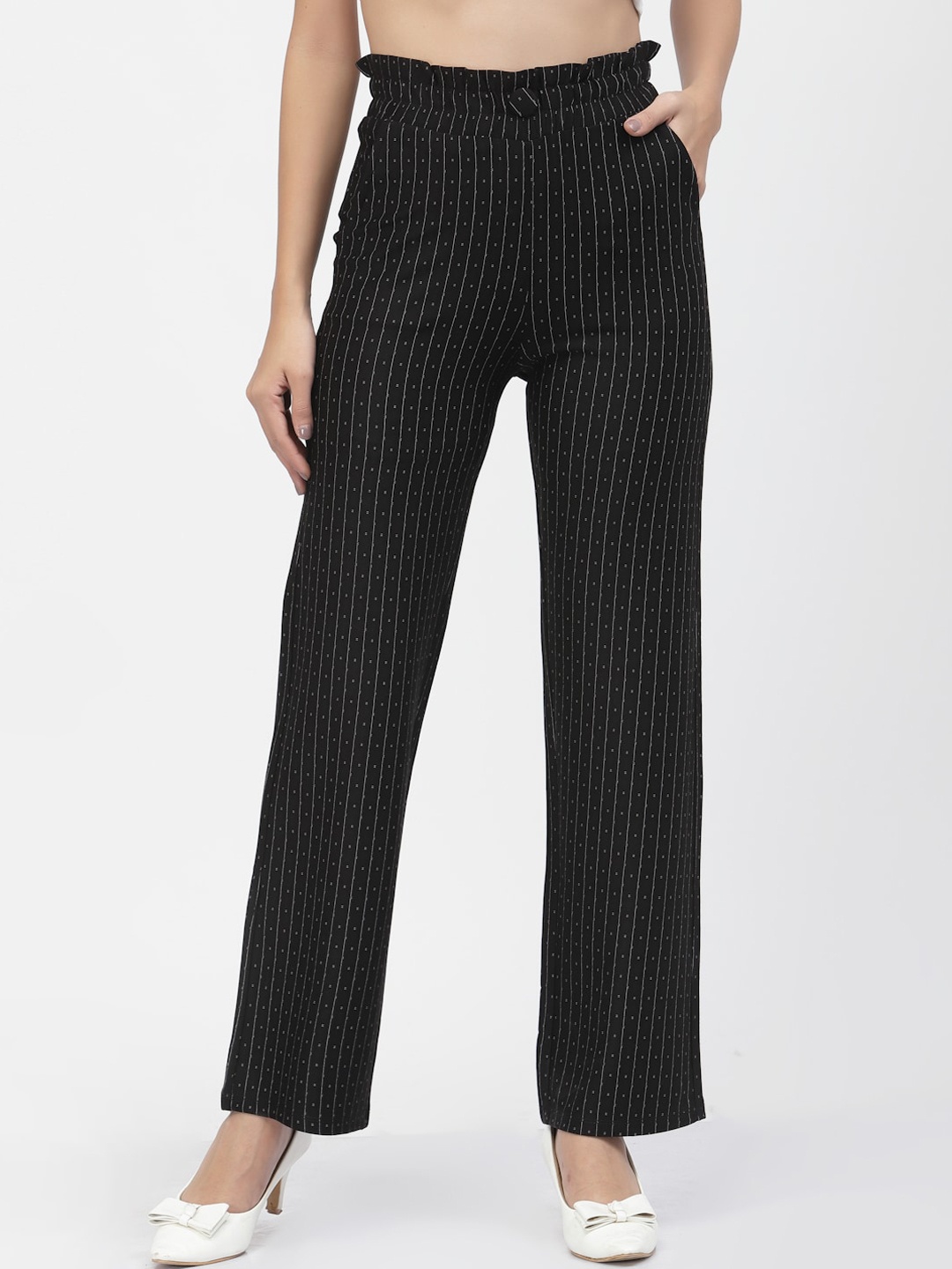 

Westwood Women Black Striped Loose Fit Easy Wash Trousers