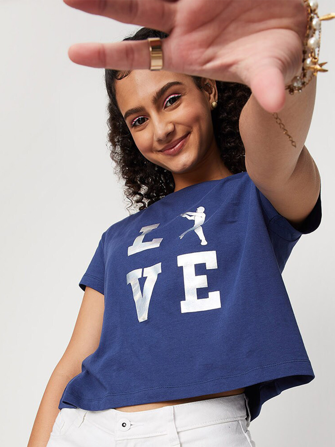 

max Women Blue Cotton Typography Printed T-shirt