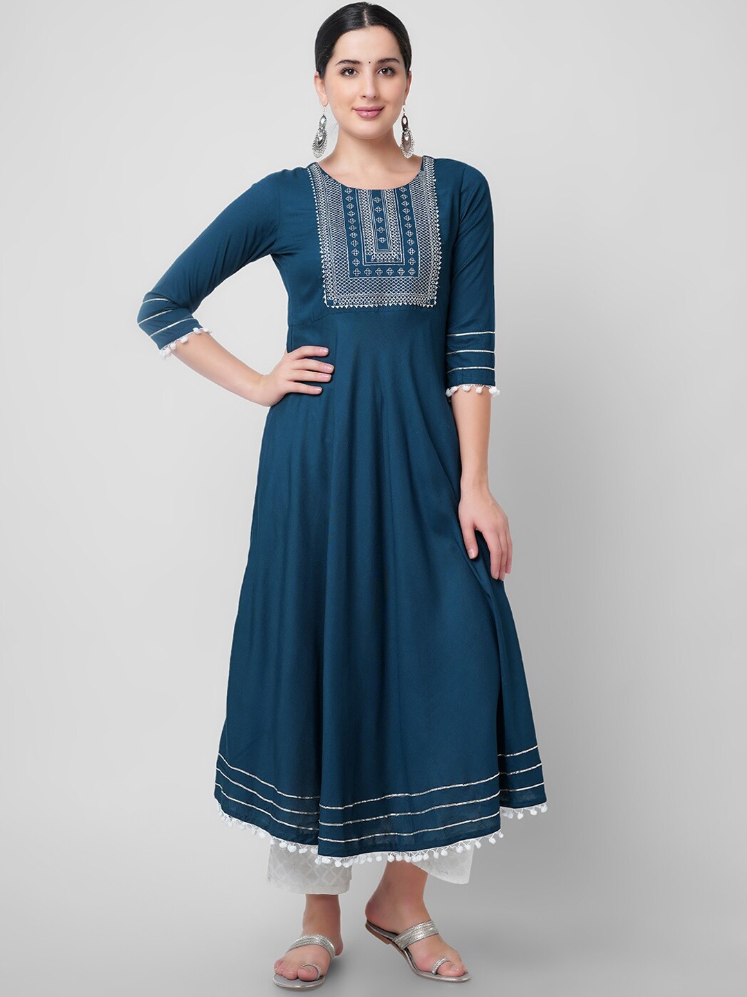 

KALINI Teal Embroidered Thread Work Handloom Anarkali Kurta