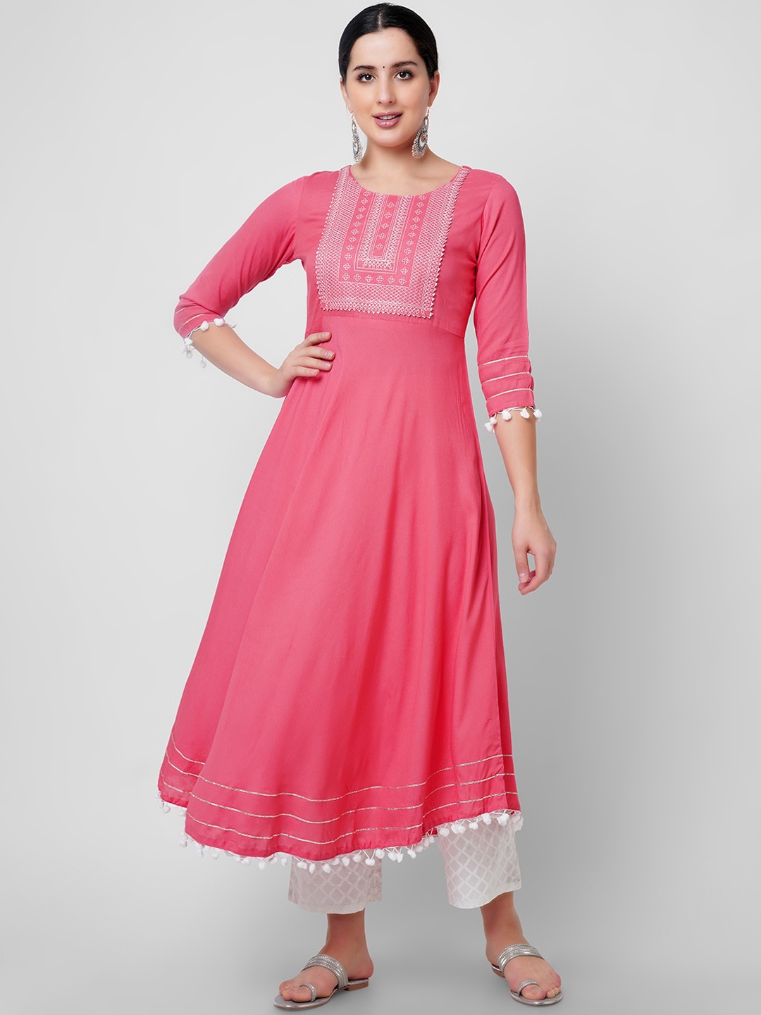 

KALINI Ethnic Motifs Embroidered Thread Work Handloom Anarkali Empire Kurta, Peach