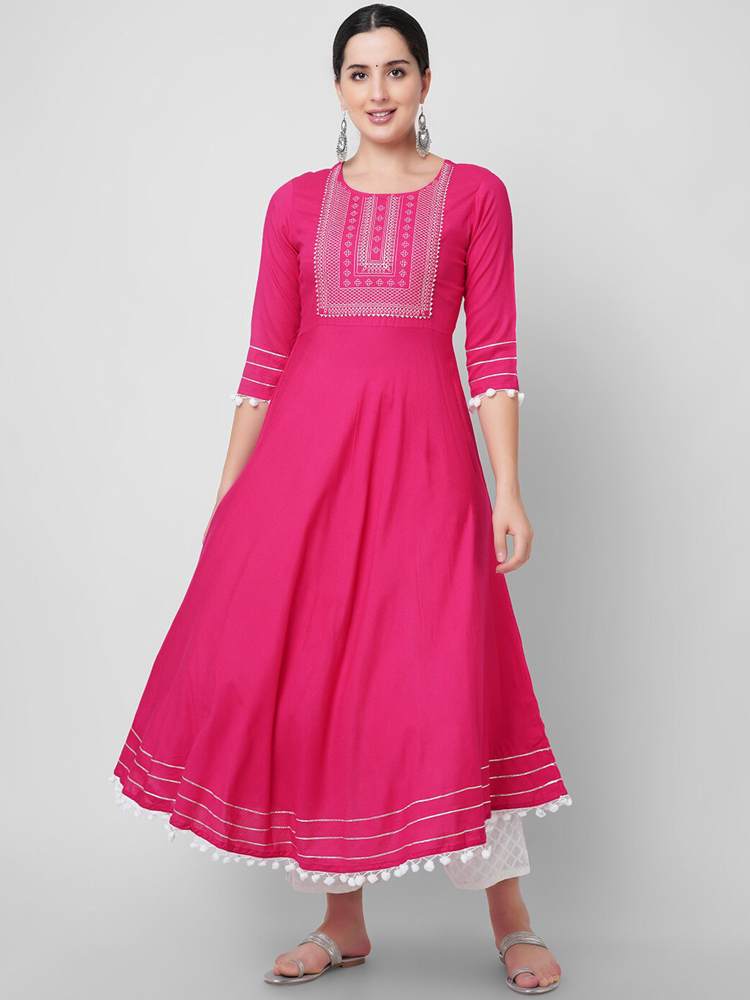 

KALINI Pink Embroidered Thread Work Handloom Anarkali Kurta