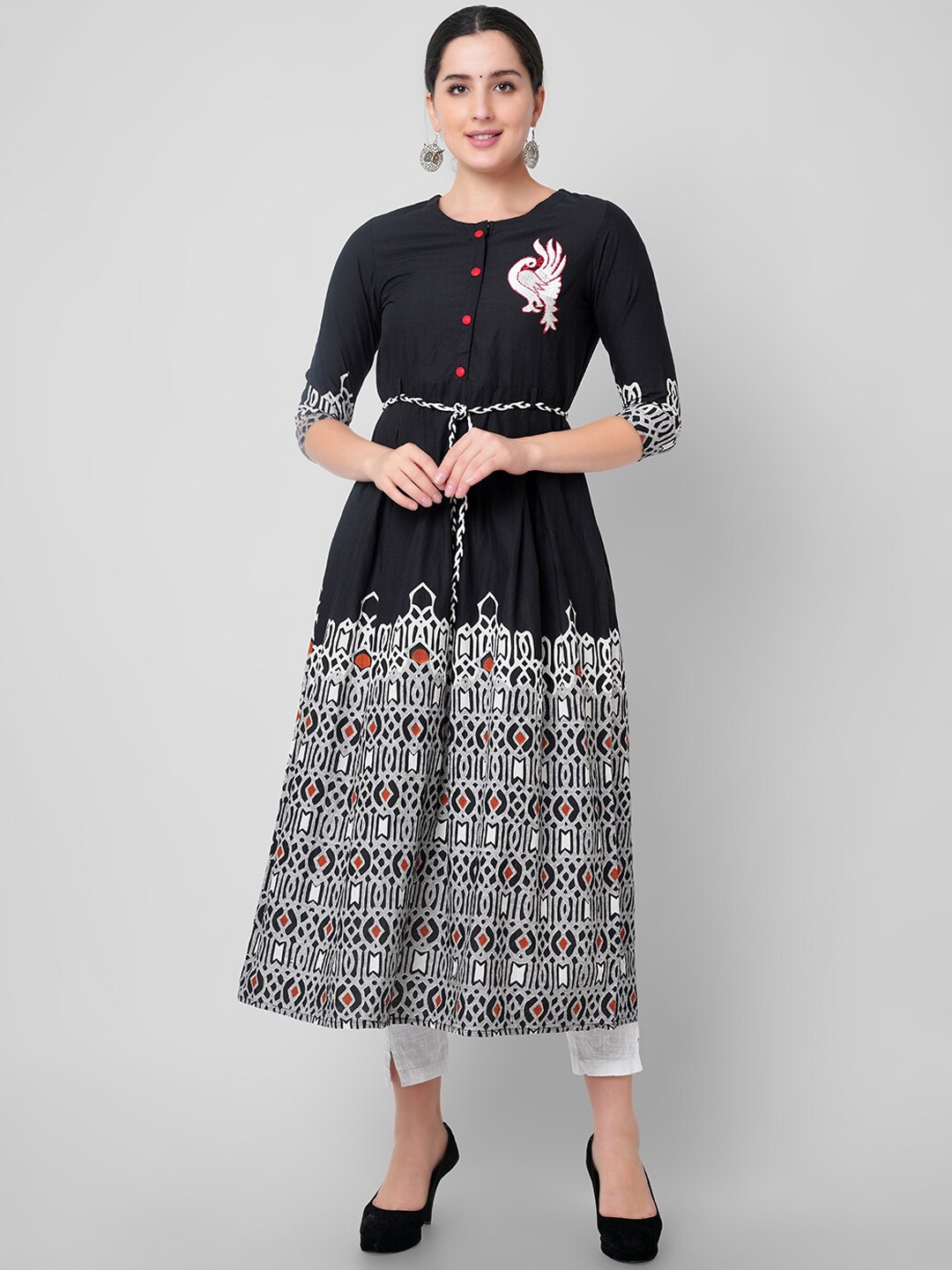 

KALINI Black Geometric Printed Thread Work Handloom Anarkali Pure Cotton Kurta