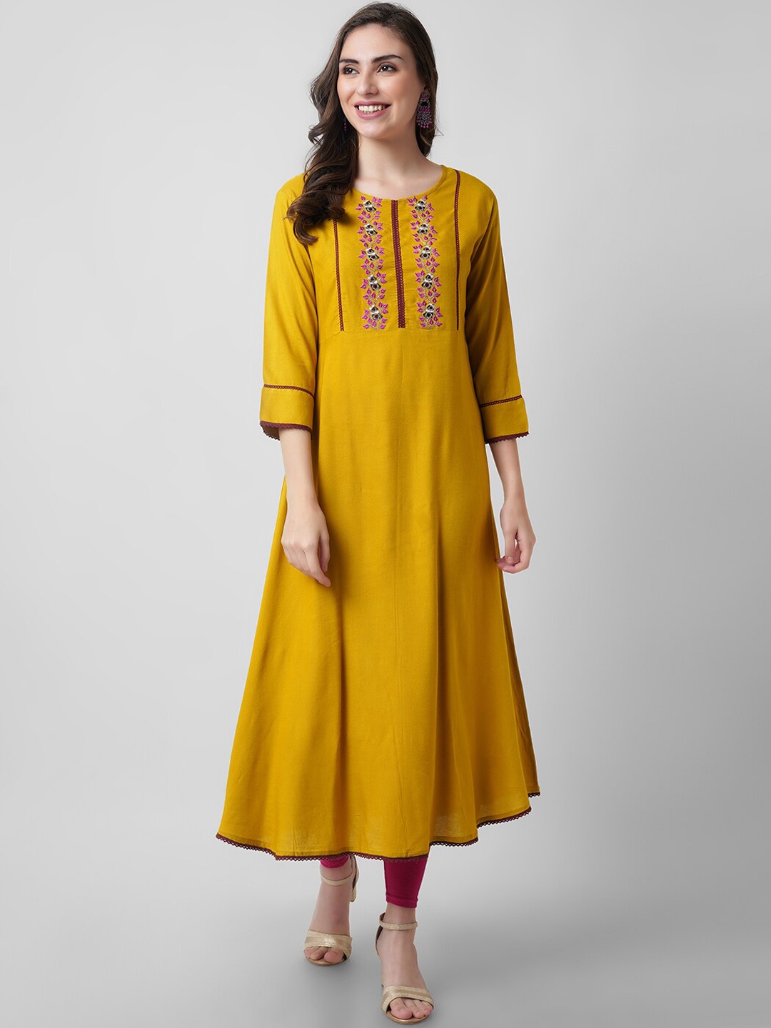 

KALINI Mustard Yellow Embroidered Thread Work Handloom Anarkali Kurta