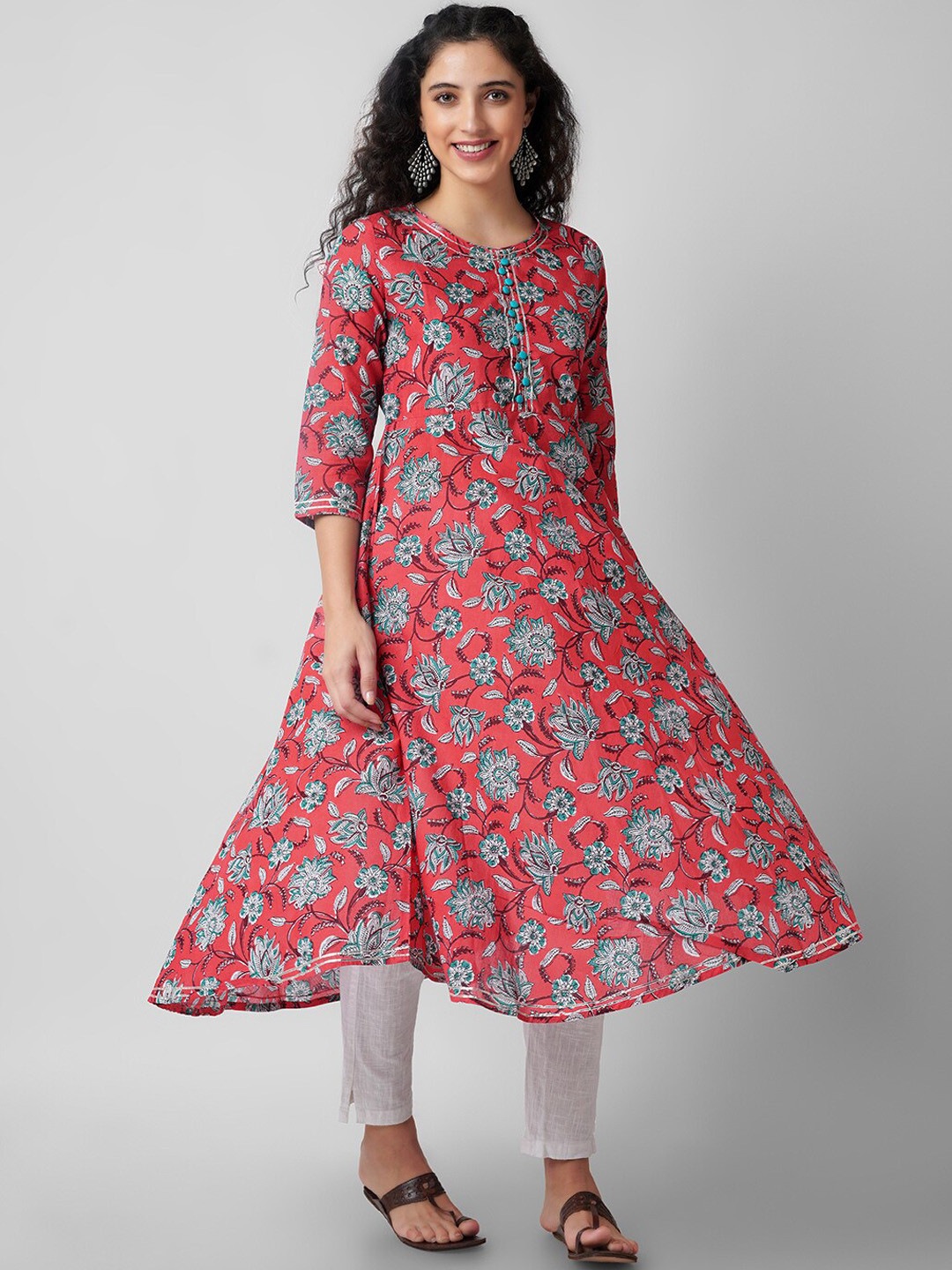 

KALINI Peach-Coloured Floral Printed Handloom Anarkali Pure Cotton Kurta