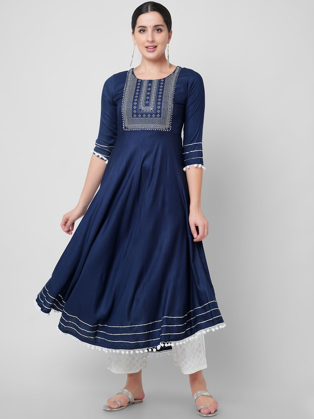

KALINI Embroidered Thread Work Handloom Anarkali Flared Empire Kurta, Navy blue