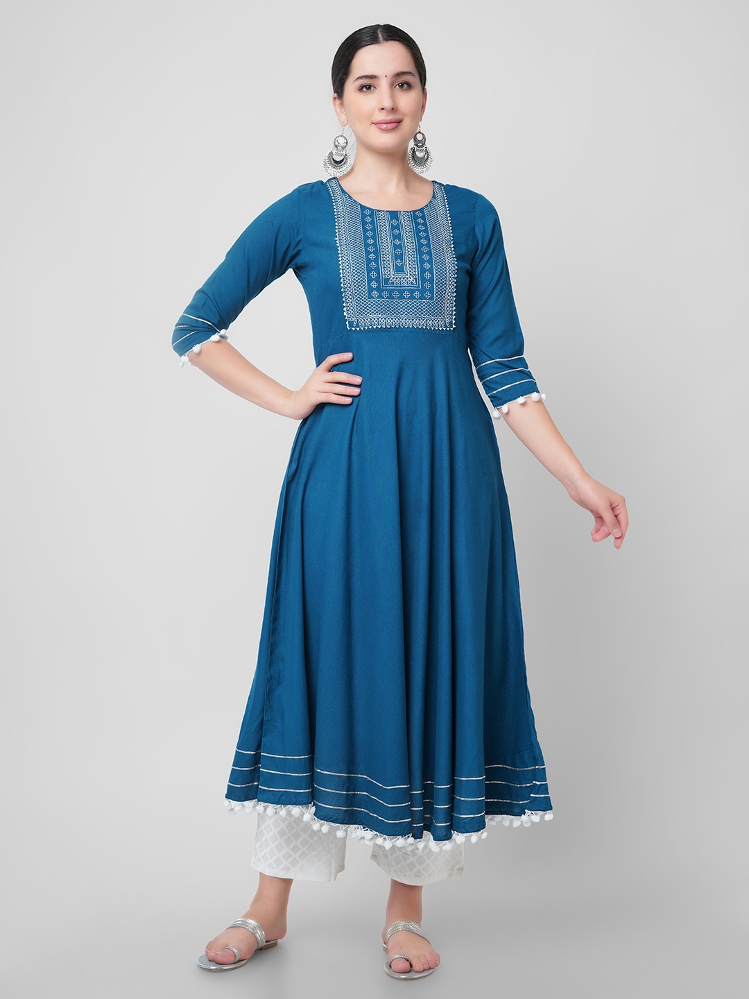 

KALINI Embroidered Thread Work Handloom Anarkali Empire Kurta, Blue