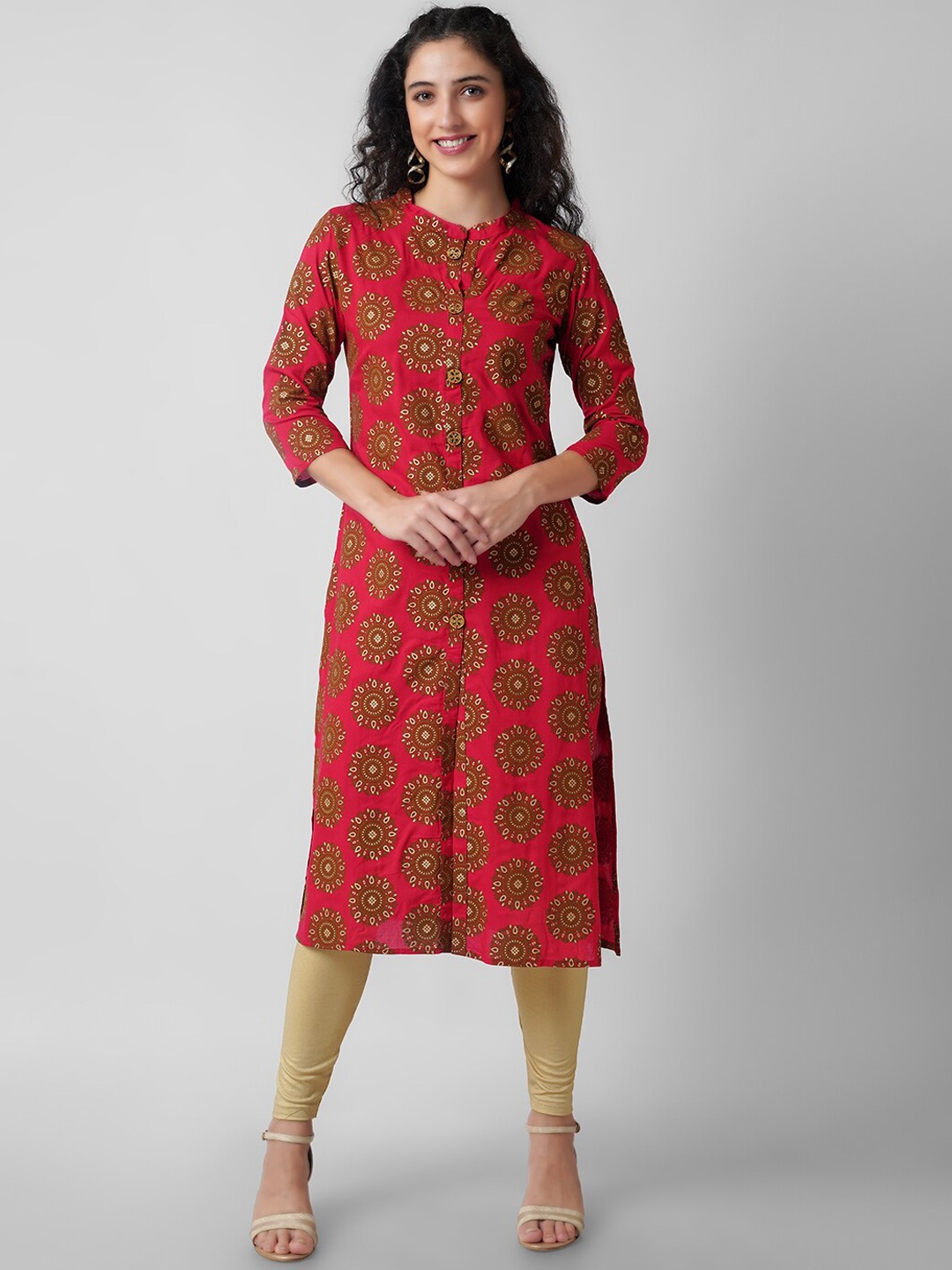 

KALINI Band Collar Ethnic Motifs Printed Kurta, Red