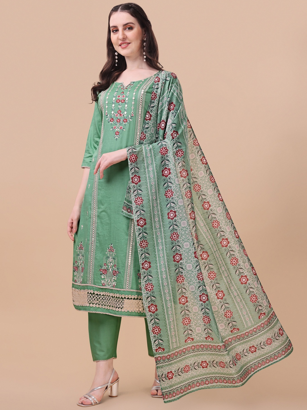 

Berrylicious Women Sea Green Ethnic Motifs Embroidered Mirror Work Pure Cotton Kurta with Trousers & With